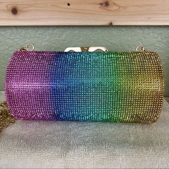 Rainbow Ombré Rhinestone Cylinder Clutch